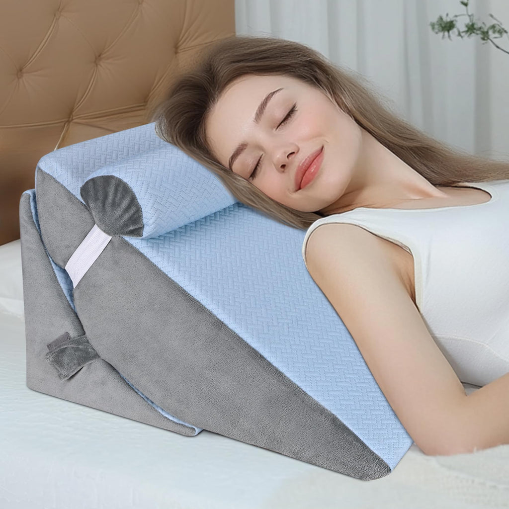 BEYOUDO 3pcs Bed Wedge Pillow Set, Adjustable Bed Wedge Pillow for Sleeping, 7 & 12 Inch Wedge Pillow Headboard for Acid Reflux and Back Pain Relief, Post Surgery, Snoring, Back Support, Light Blue