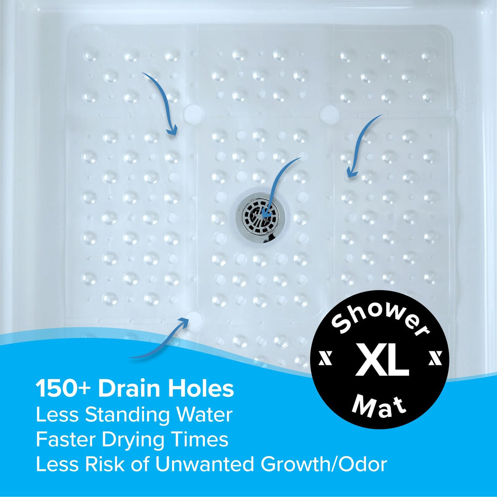 SlipX Solutions Extra Large Square Shower Mat, 27"x27", Non-Slip Stall Mat for Elderly & Kids Standing Bath Tub Mat, Machine Washable, Suction Cups, White Pearl