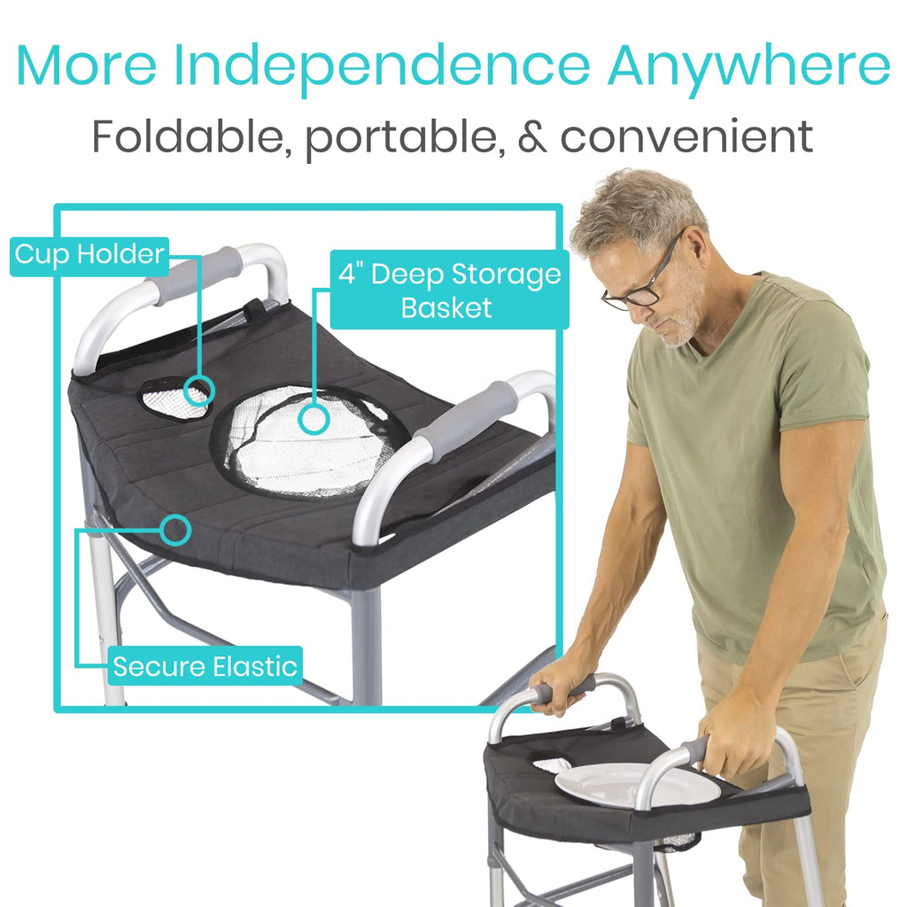 Vive Walker Tray for Folding, Standard Walkers (with Basket) - Universal Medical Supplies Equipment Attachment Table with Cup Holder - Durable Disability Rolling Accessories - for Seniors, Women, Men