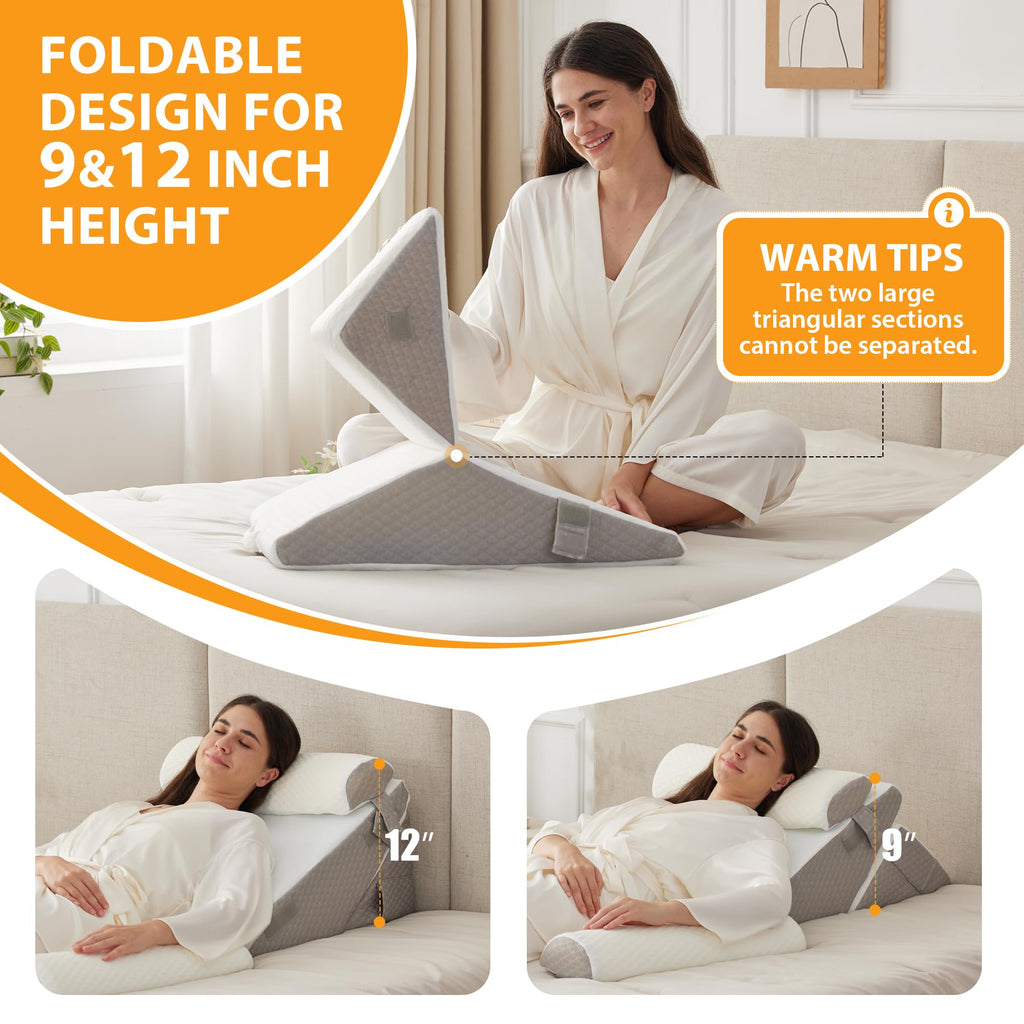 Ruqmuis 4PCS Wedge Pillow Set for After Surgery, Wedge Pillow Headboard, Adjustable 9&12 Inch Sleeping Wedge, Acid Reflux, Orthopedic Pillow Wedge for Back Pain Relief, Gerd, White/Grey