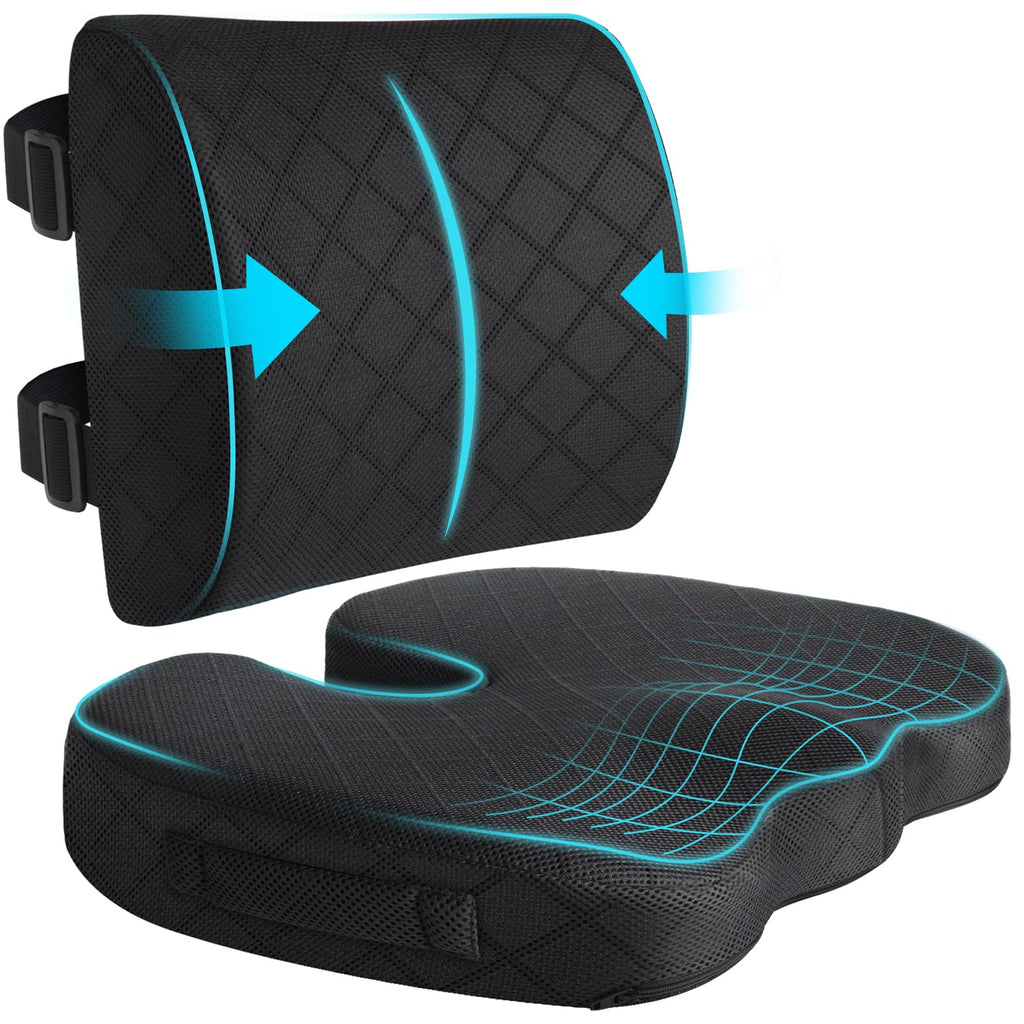 TushGuard Back&Seat Cushion, Car Seat Office Chair Cushions, Sciatica & Back Coccyx Tailbone Discomfort Easing Chair Pad, Memory Foam Lumbar Support Pillow for Desk, Wheelchair, Driving (Black)