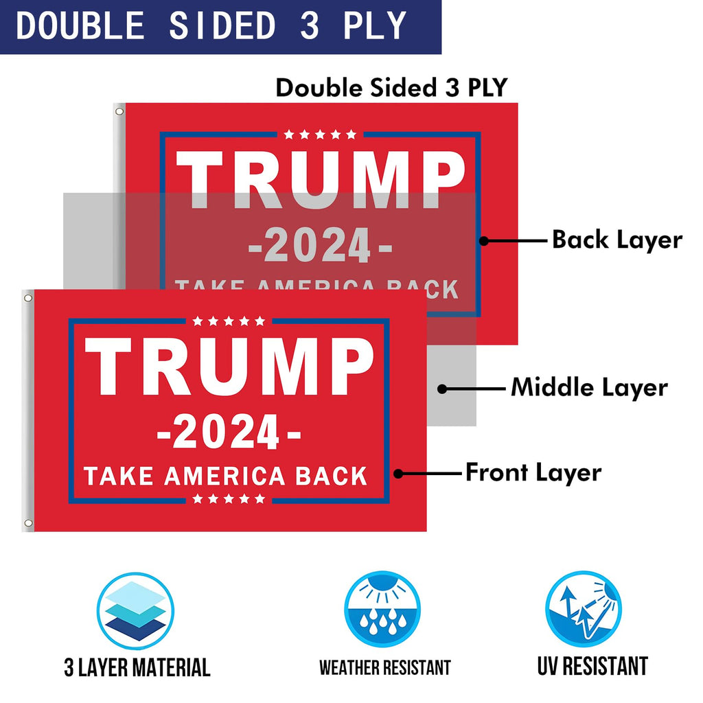 Trump 2024 Flags 3x5 Outdoor Made in USA Double Sided 3 Ply Take America Back Heavy Duty President Trump Flags 2024 Banner for Outside with 2 Brass Grommets Fade Resistant for Indoor Outdoor Decorations
