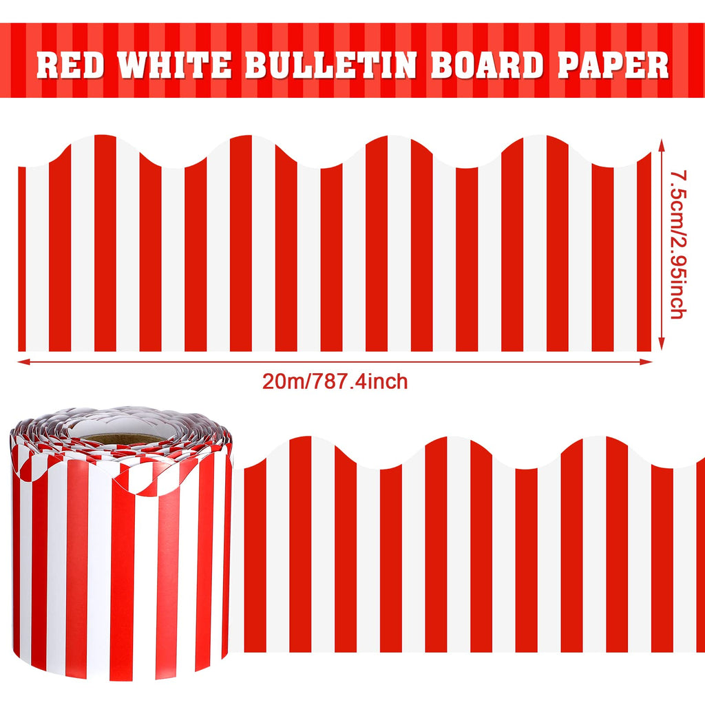 65 Feet Scalloped Bulletin Board Border Self Stick Classroom Striped Borders Wavy Line Border for Bulletin Cork Board Desk Classroom Christmas Party Supplies Decor(Red and White Stripes)