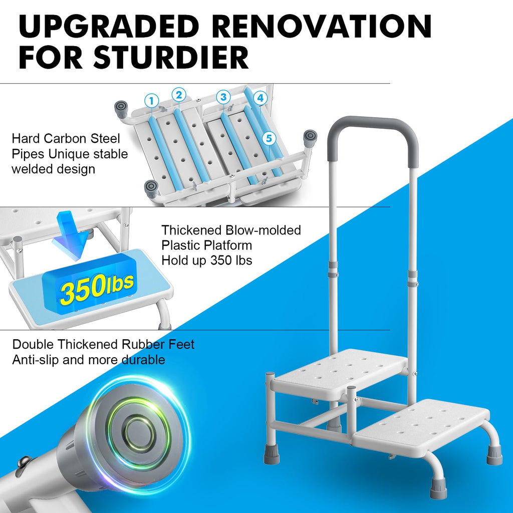FORTEMOTUS 2 Step Stool with Handle for Elderly - Heavy Duty Bed Steps for High Beds for Adults with Adjustable Handrail &Non-Skid Platform, Foot Stool Ladder for Bedside, Kitchen, Car, RV, Bathtub