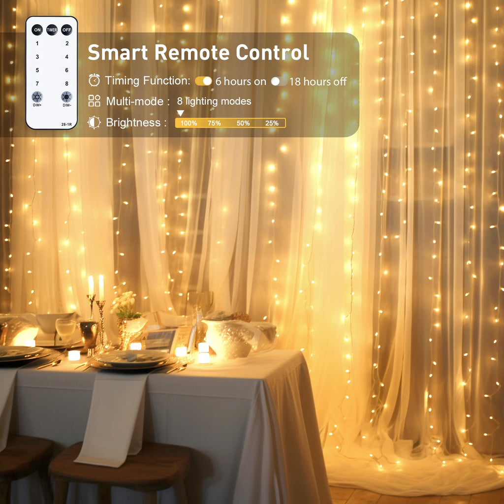 JMEXSUSS 900LED Outdoor Christmas Curtain Lights, 9.5x29.5ft Christmas Lights Plug in with Remote, Indoor Christmas Hanging String Lights for Bedroom Wedding Backdrop Wall Xmas Decor, Warm White