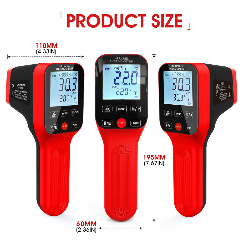Pyrometer Infrared Thermometer Gun, Non-Contact Thermometer with Temp Range -58°F to 2912°F, DS=30:1, Laser Thermometer with Adjustable Emissivity, Backlight for HVAC Pizza Oven-AP-1600