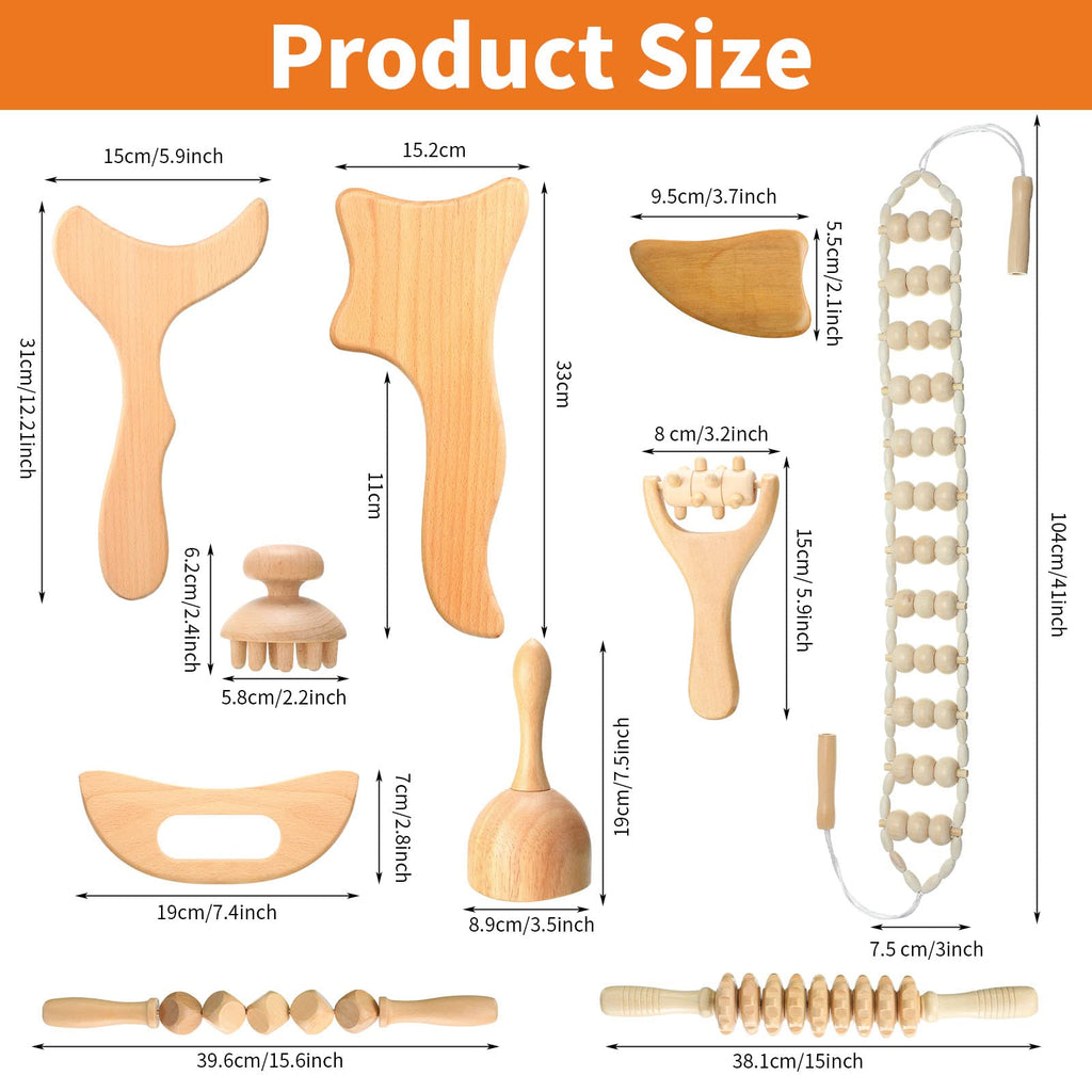 Chumia 10 Pieces Wood Massage Tools Wooden Maderoterapia Kit Therapy Tools Massage Roller Lymphatic Drainage Health Care for Neck Leg Back Arm Body Muscle Pain Relief