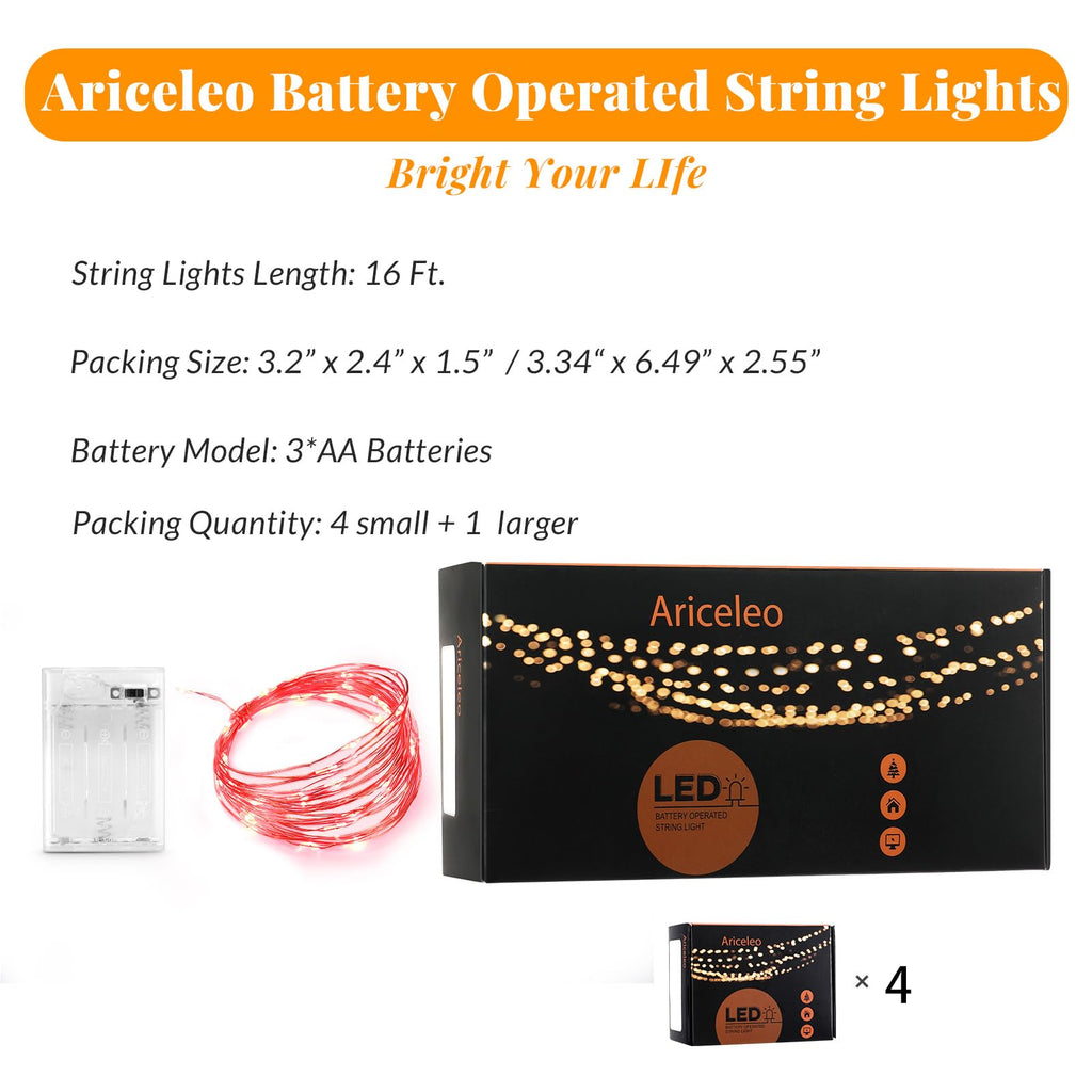 Ariceleo Led Fairy Lights Battery Operated, 4 Packs Mini Battery Powered Copper Wire Starry Fairy Lights for Bedroom, Christmas, Parties, Wedding, Centerpiece, Decoration (5m/16ft Red)