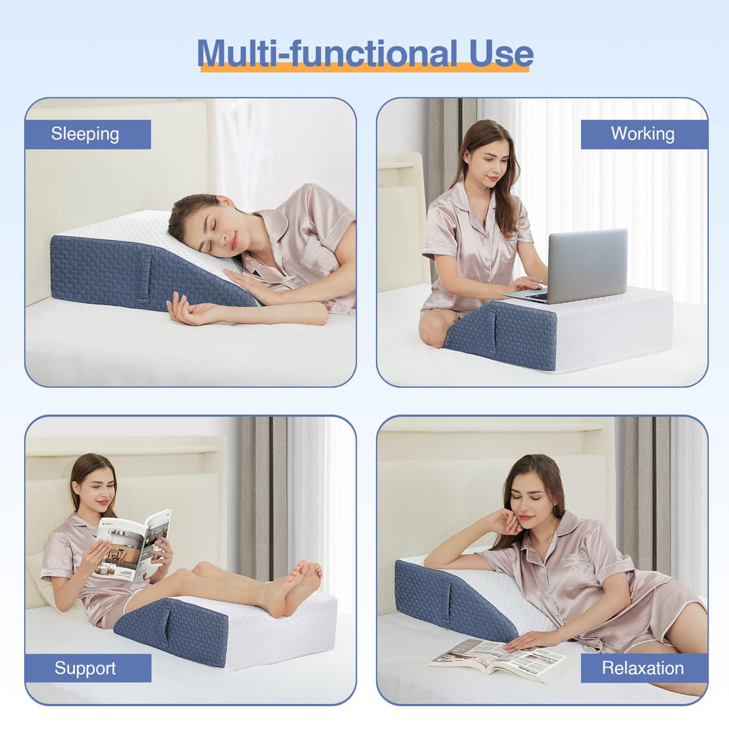 Welzona 8inch Wedge Pillow for Legs, Gel-Infused Memory Top Foam Layer Bed Wedge Pillow for Leg, Knee, Ankle, Triangle Leg Pillow Wedge for Side Sleeping, White/Navy Blue