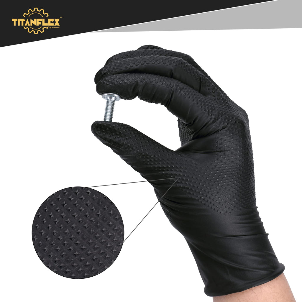 TitanFlex Thor Grip Heavy Duty Black Industrial Nitrile Gloves, 8-mil, XL, Box of 100, Latex Free, Raised Diamond Texture, Powder Free, Food Safe, Rubber Gloves, Mechanic Gloves