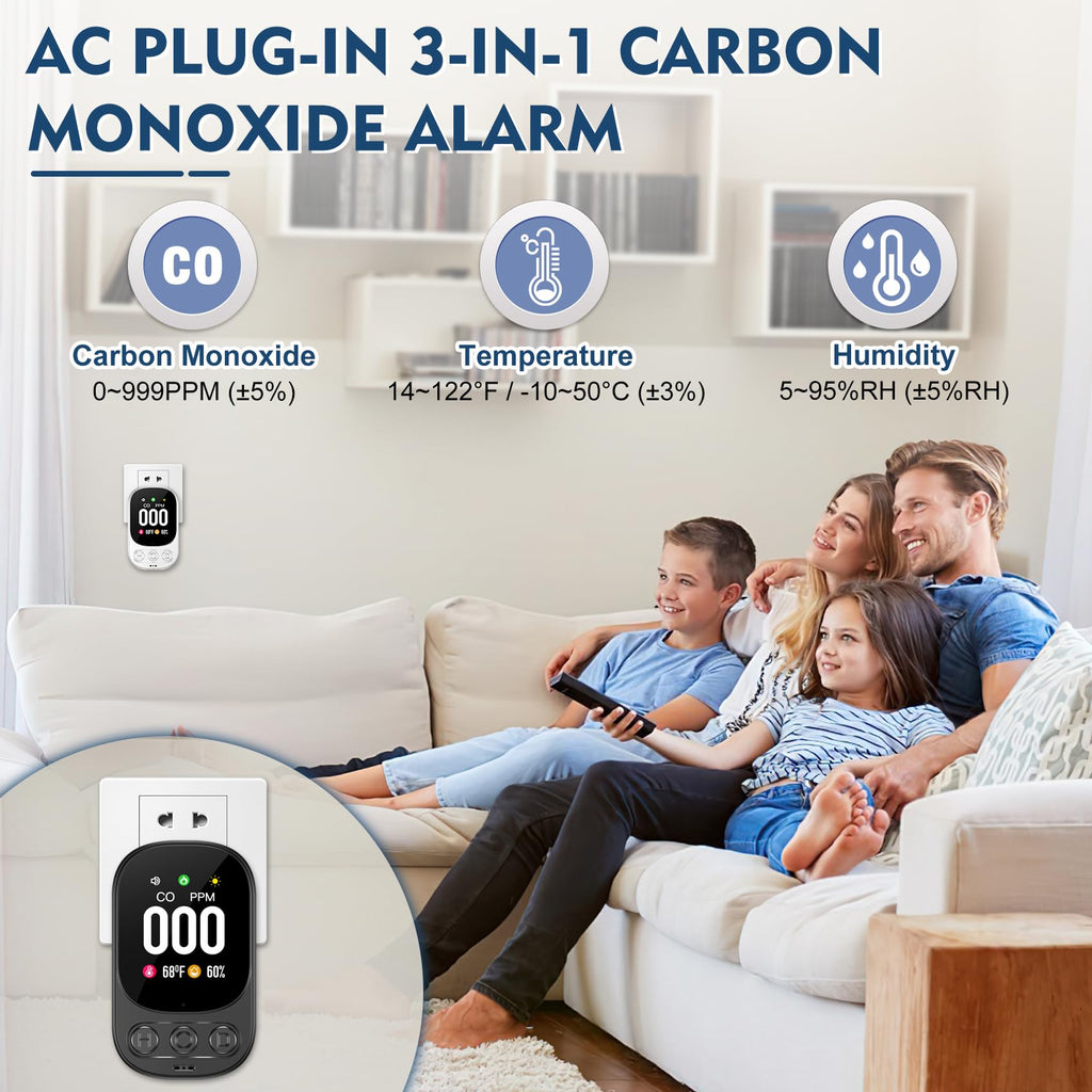 Lunarlipes Carbon Monoxide Detector Plug in Wall, 3-in-1 CO Level Monitor Alarm with Temp/Humidity Sensor, Portable Carbon Monoxide Detectors Easy to Read & Install, for Home/Hotel/RV (Black-1Pack)