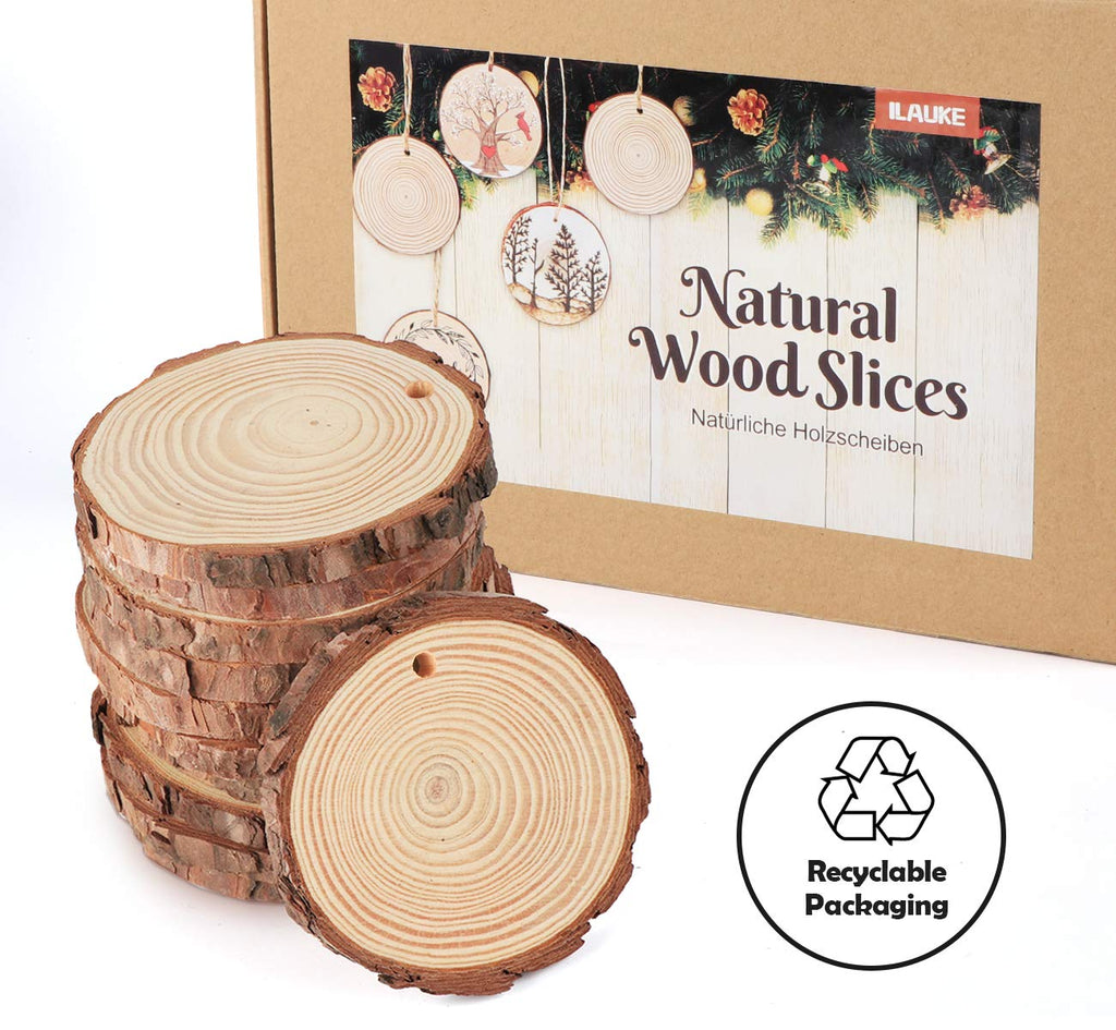 ilauke Natural Wood Slices 30Pcs 3.1''-3.5'' Unfinished Wood Crafts with Pre-drilled Hole, Wood Slices Ornaments for Christmas DIY Rustic Crafts Wooden Circles Coasters Wedding Decor, 33 Feet Twine
