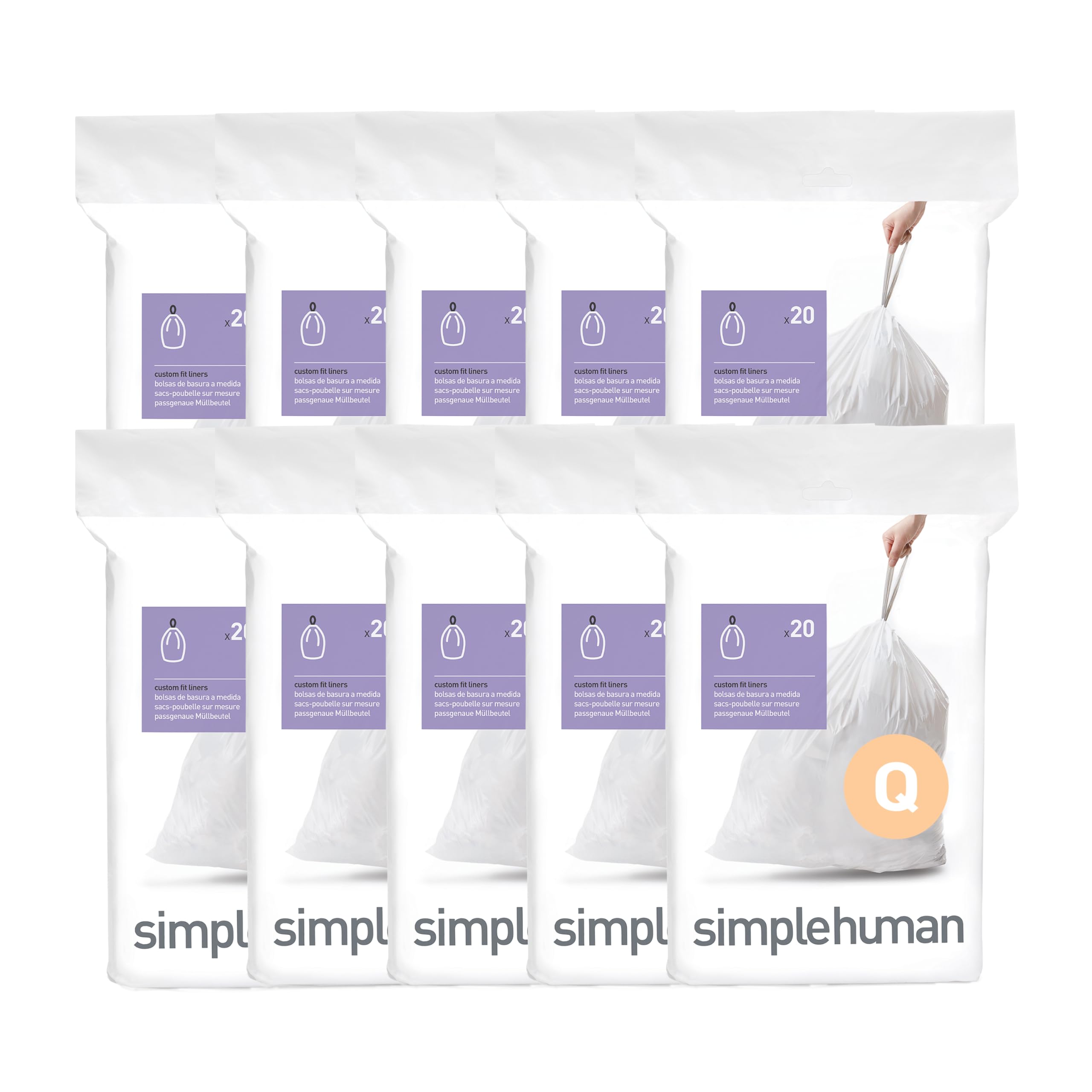 simplehuman Code Q 200 Count, Genuine Custom Fit Liners, Drawstring Trash Bags in Dispenser Packs, 50-65 Liter / 13-17 Gallon, White