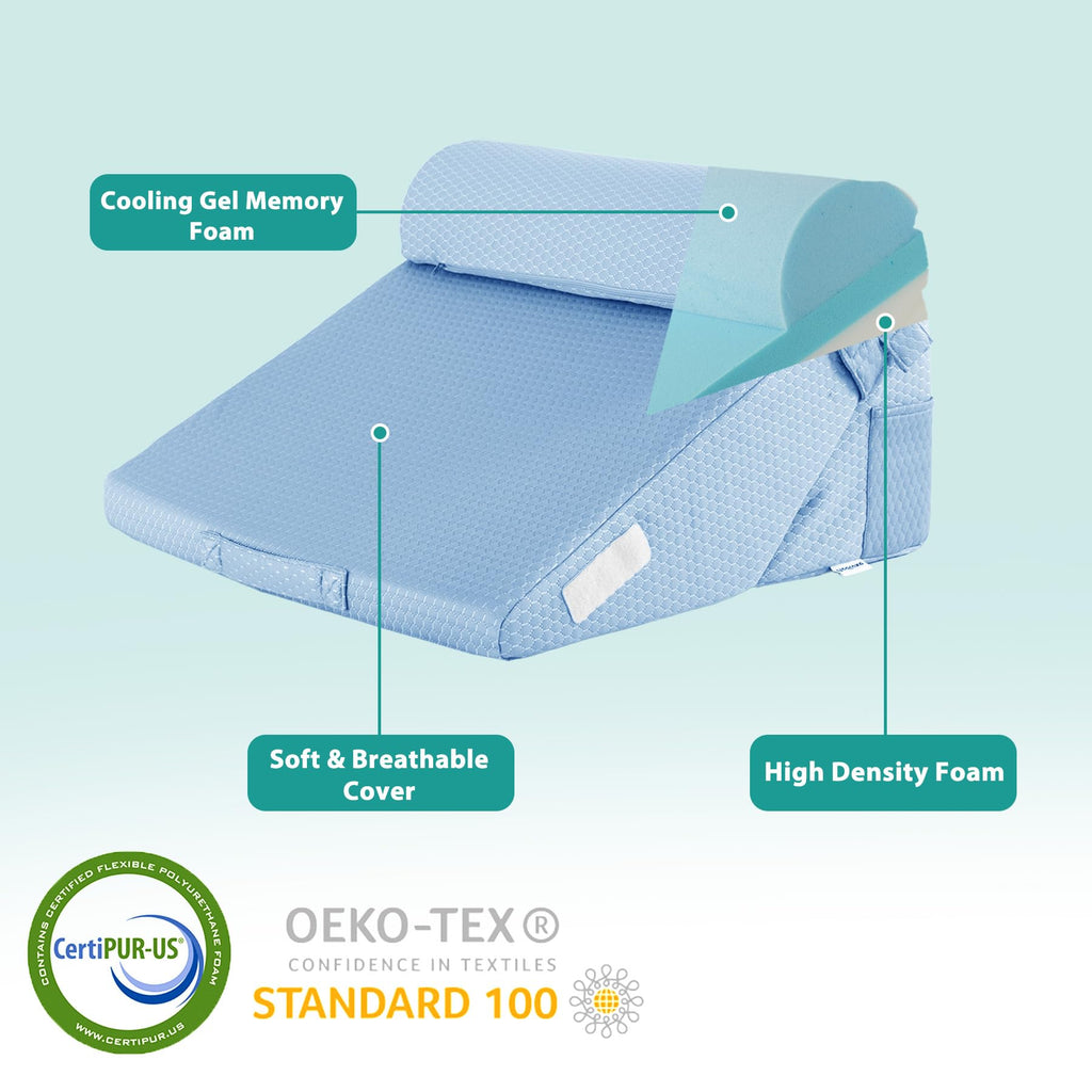 Bedluxe 3Pcs Orthopedic Bed Wedge Pillow Set, Foam Wedge Pillow Post Surgery for Back, Leg and Knee Support, Adjustable 9&12 Inch Folding Triangle Pillow for Sleeping, Acid Reflux, Snoring, Light Blue