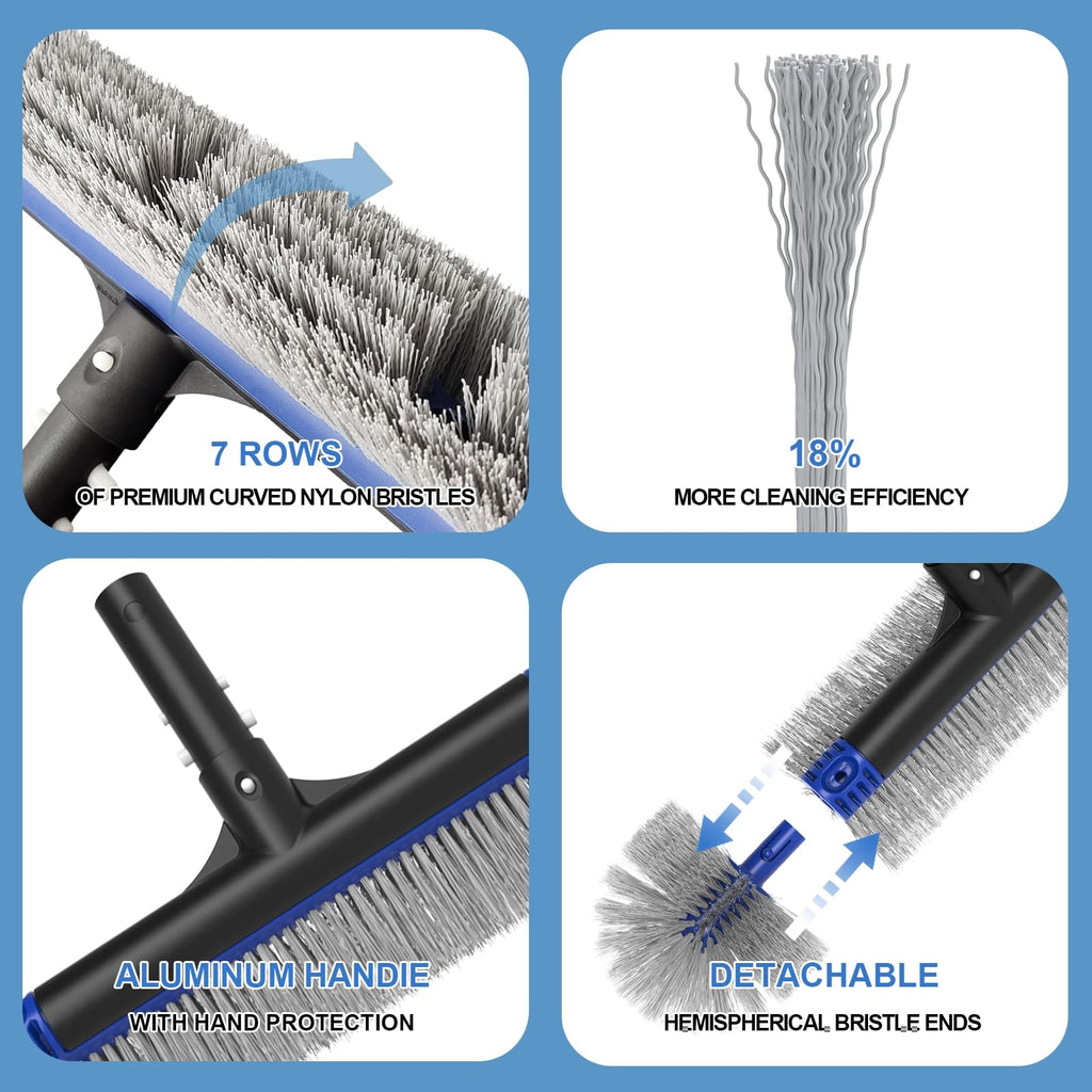 Poolvio 5-in-1 Pool Cleaning Kit - Includes Semi-Deep Skimmer Net, Aluminum Leaf Rake, 20' Pool Brush with 13ft Adjustable Pole