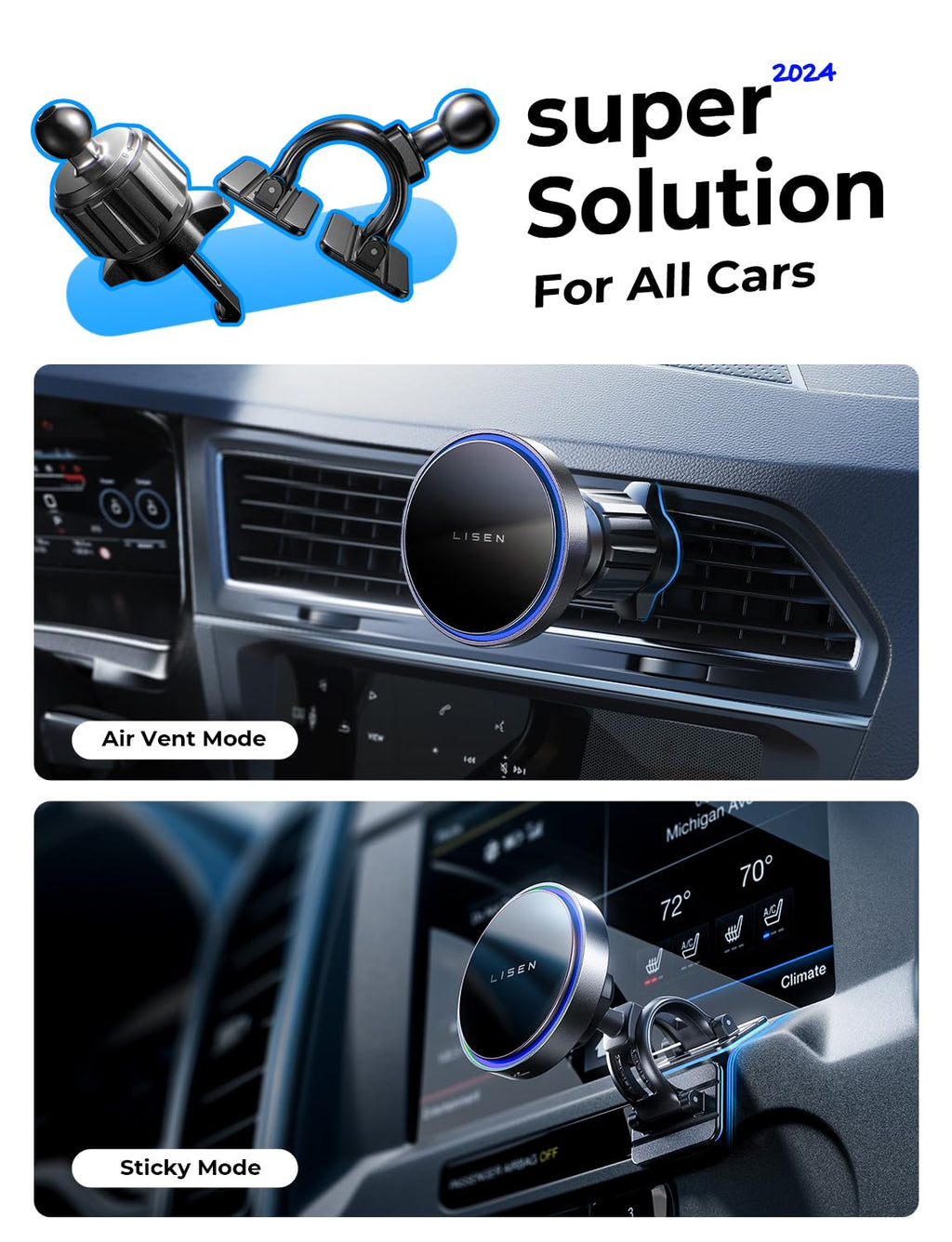 LISEN for 15W MagSafe Car Mount Charger,Universal iPhone Magnetic Wireless Car Charger,MagSafe Charging Mount Wireless for iPhone 16 Pro Max Accessories Fits iPhone 16 15 14 13 12,Black