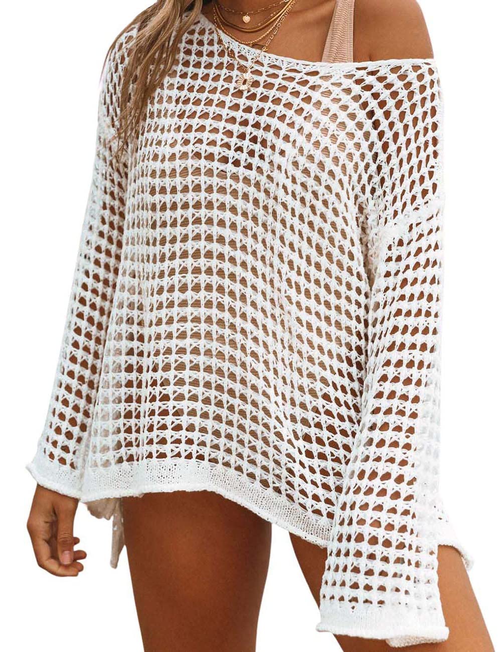Crochet Cover Ups for Women Sexy Hollow Out Swim Cover Up Knit Summer Outfits White