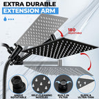 Shower Head, 8 inch Multifunction High Pressure Rain Shower Head with Handheld Spray Combo with 11'' Angle Adjustable Extension Arm/Flow Regulator/Shower System Matte Black