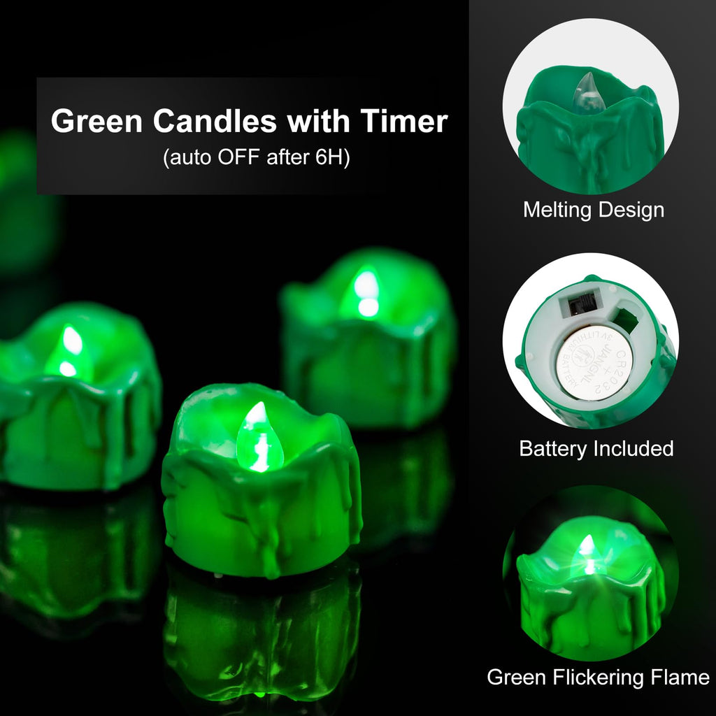 Windshell Green Flickering Flame Tealight Candles with 6H Timer (No Remote), Melting Design (Plastic), Battery Operated LED Flameless Tea Lights for Party, Wedding, Halloween and Christmas, Pack of 12