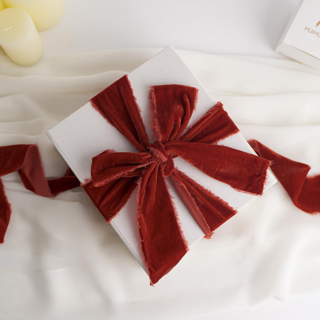 HUIHUANG Rust Red Velvet Ribbon 2 inch Handmade Fringe Ribbon Frayed Silk Velvet Ribbon for Flower Bouquet, Gift Wrapping, Invitations, Holiday Christmas Decor, Wedding Bridal Shower Decor-3 Yards