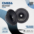 ORION Cobalt CM654 High Efficiency 6.5" Mid-Range Bullet Loudspeakers, 1000W Max Power, 250W RMS, 4 Ohm, 1.5" Voice Coil - Pro Car Audio Stereo, Midrange Speakers (Pair)