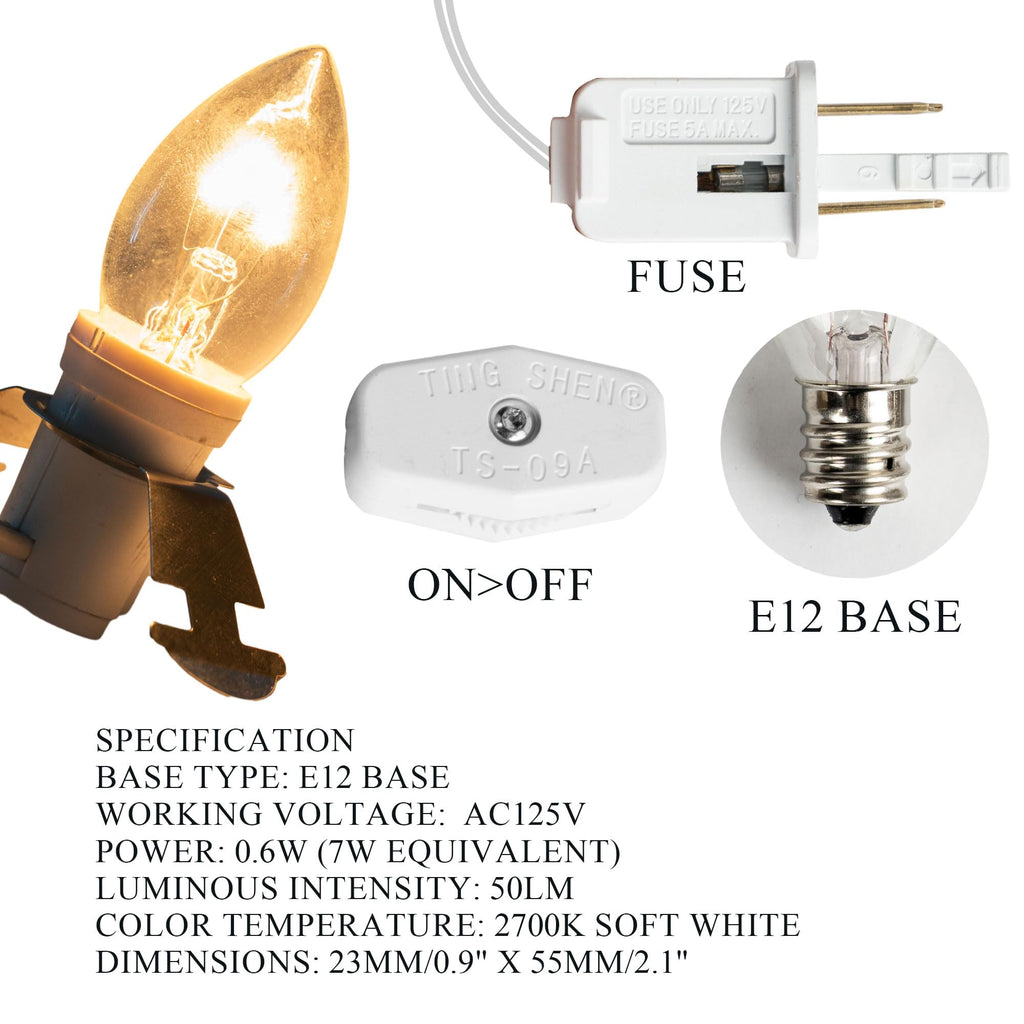 Dazzle Bright 4 Pack 6 FT Accessory Cord with Incandescent Light Bulb E12 Socket White Cord with On/Off Switch Plug, C7 Candelabra Light Bulbs for Holiday Decorations, Christmas Village House