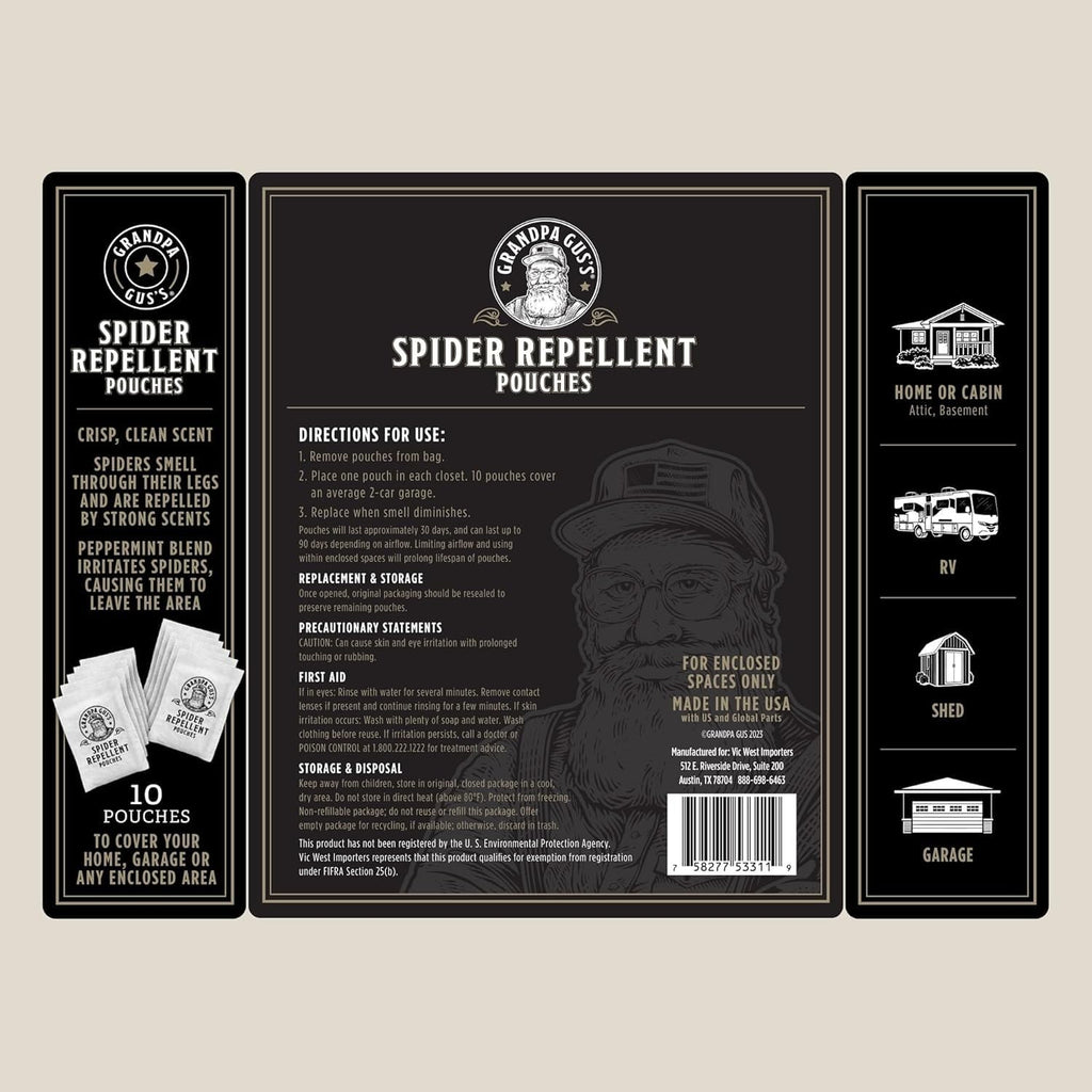 Grandpa Gus's Natural Spider Repellent Pouches, Peppermint and Lemongrass Oil Indoor Spider Deterrent, Wolf Spider Repellent, Closet, Basement, Cabin, Shed, RV and Garage, 10 Pack