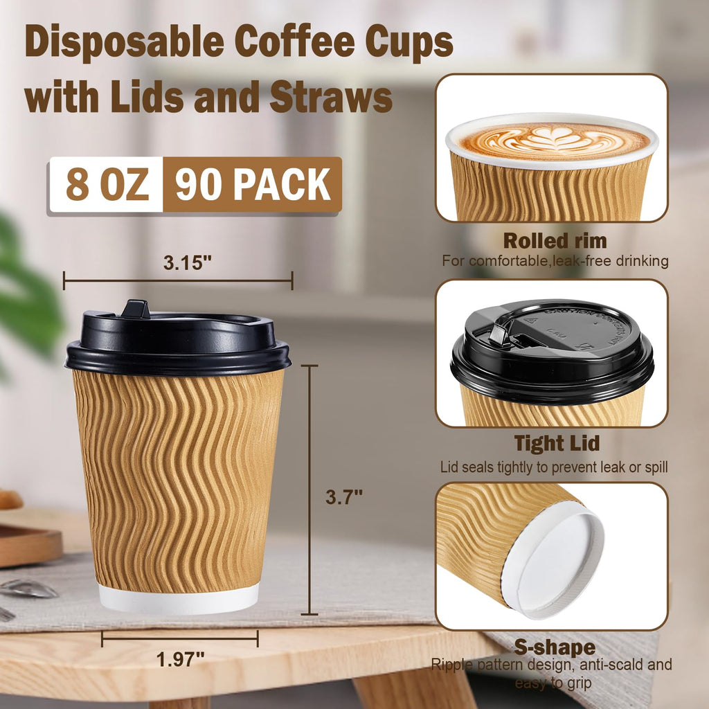 SIUQ 90 Pack - 8 oz Disposable Coffee Cups with Lids and Straws,To go Coffee Cups,Insulated Corrugated Paper Cups,Kraft Ripple Wall Cups for Hot Beverage or Cold Drinks -Champagne