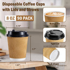 SIUQ 90 Pack - 8 oz Disposable Coffee Cups with Lids and Straws,To go Coffee Cups,Insulated Corrugated Paper Cups,Kraft Ripple Wall Cups for Hot Beverage or Cold Drinks -Champagne