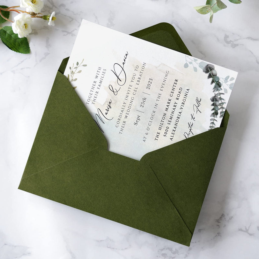 PONATIA 50 PCS/Pack A7 Envelopes, 5.25 x 7.5'' Olive Green Envelopes For 5x7'' Weddings Invitation Cards, Christmas Gift Cards Envelopes, Acrylic Invitations, Photos and Any 5x7" Inserts