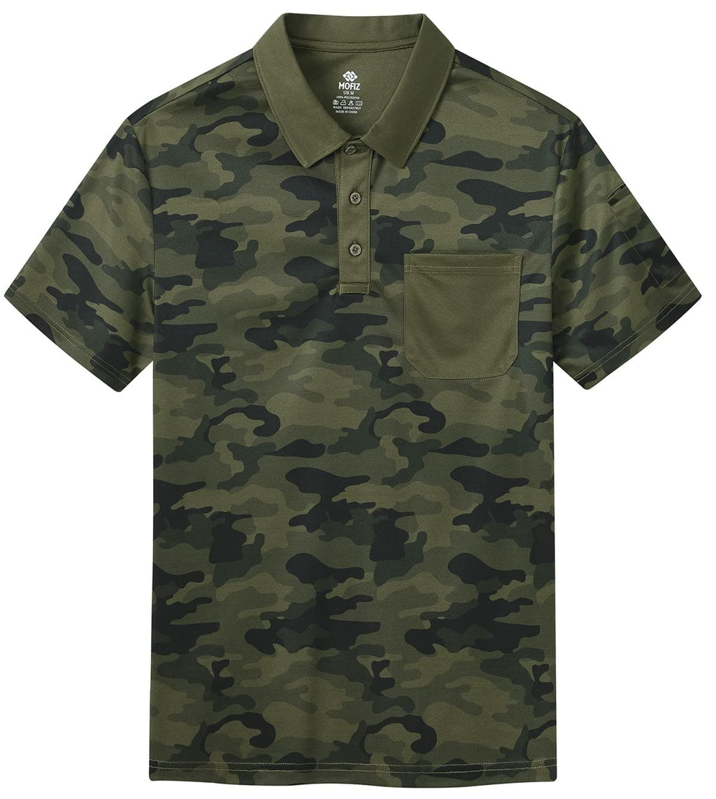 Men's Polo Shirts Short Sleeve Quick Dry Outdoor Golf Sports Shirts with Pocket Regular Polo T-Shirt Camo Army Green XL