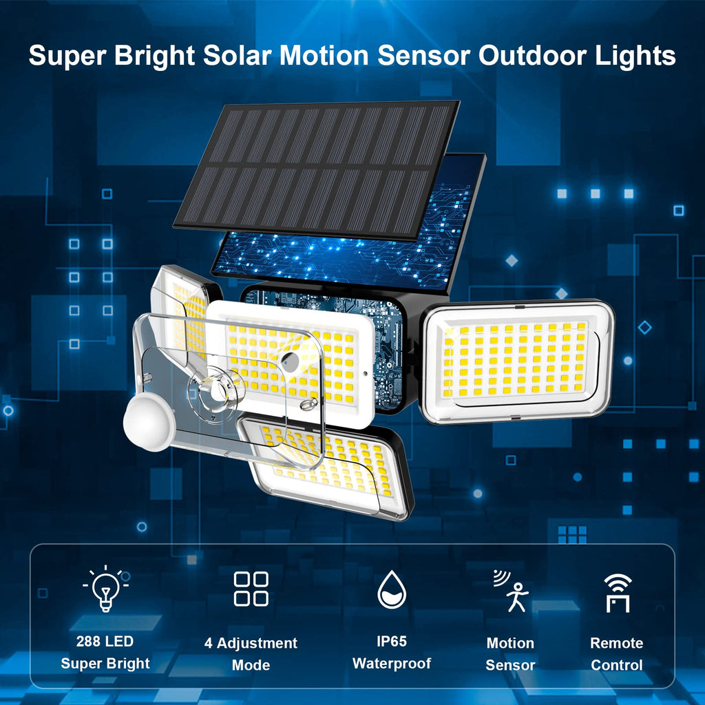 Mokot Solar Lights Outdoor, 288 LED 2800LM Solar Motion Sensor Outdoor Lights with Remote Control, 4 Heads lP65 Waterproof Solar Flood Security Lights for Outside Patio Wall -2PACK