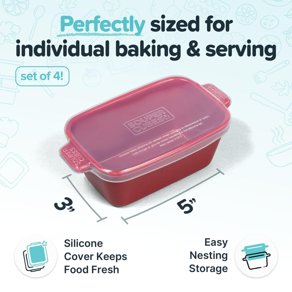 Souper Cubes Stoneware - Small Ceramic 5" x 3" Baking Dish with Silicone Covers, Small Baking Dishes for Oven Perfect for Reheating Single Serve Portions, Set of 4 - Cranberry