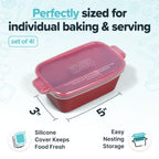 Souper Cubes Stoneware - Small Ceramic 5" x 3" Baking Dish with Silicone Covers, Small Baking Dishes for Oven Perfect for Reheating Single Serve Portions, Set of 4 - Cranberry