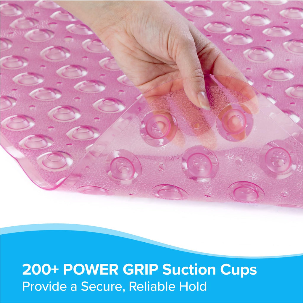 SlipX Solutions Power Grip Extra Long Bath Tub & Shower Mat 39x16, Wet Floor Non-Slip for Elderly & Kids Bathroom, 30% Longer Bathtub Mats, 200 Suction Cups, Drain Holes (1, Translucent Pink)