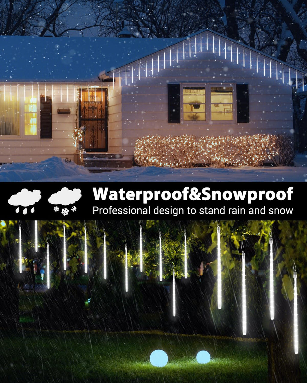 Solar Meteor Shower Icicle Lights - 20 Tubes 480 LED Raindrop Lights with Timer Function Falling Rain Lights for Holiday Party Christmas Decorations (White)