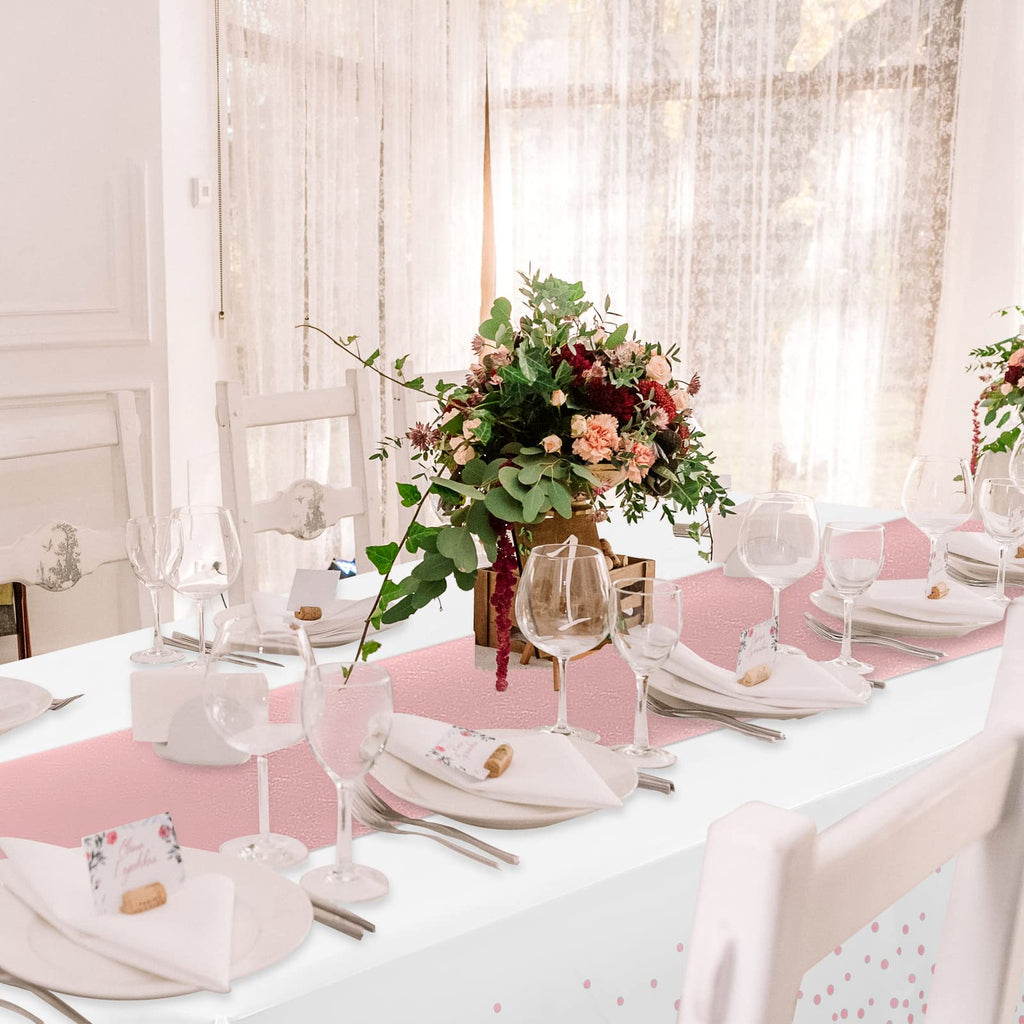 MASHAN 24 Pack White and Rose Gold Tablecloth Set - Rectangular PEVA Tablecloths and Satin Table Runners for Wedding, Baby Shower, Anniversary, Christmas, New Year Party