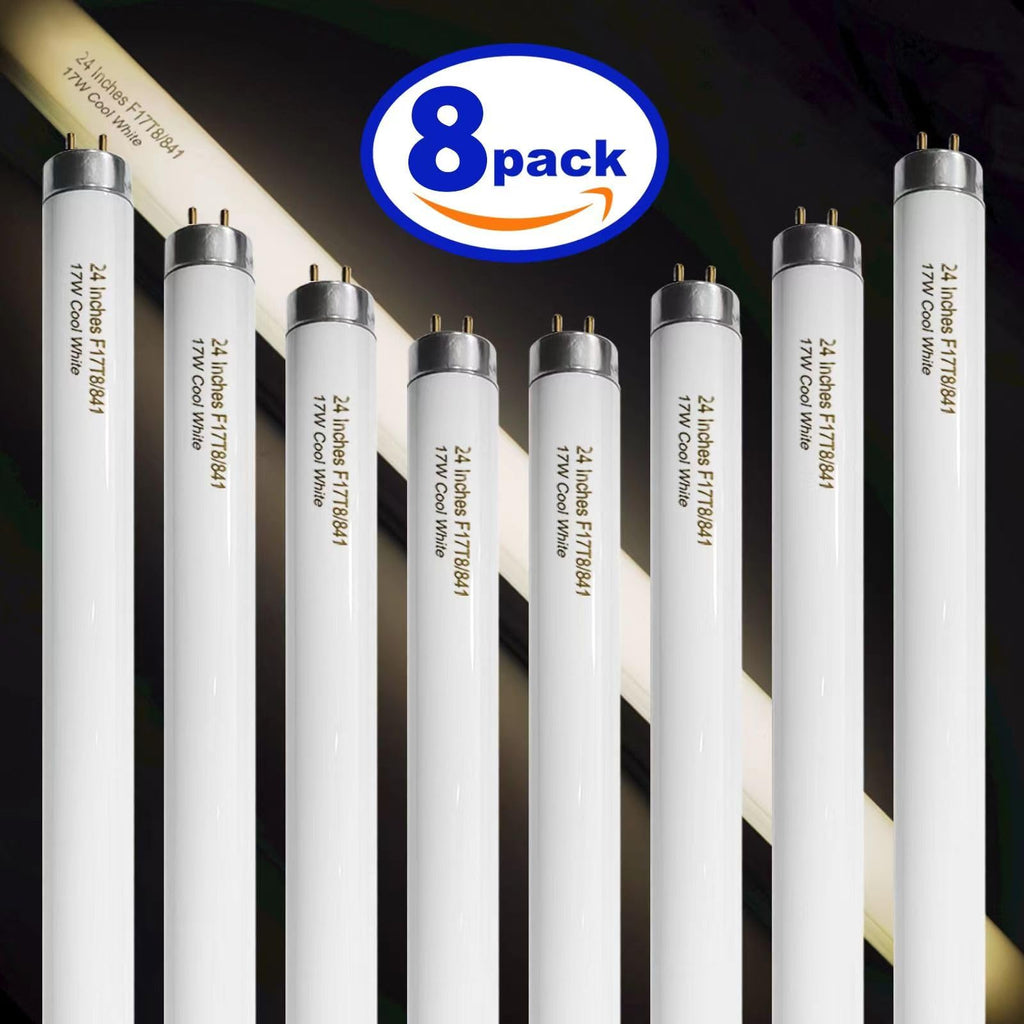 Konideke 8 Pack 24 inch F17T8/841 17 Watts Light Bulb, 2 Foot Straight Fluorescent Tube T8 Tube Light, 4100K Cool White 1400 Lumen G13 Medium Bi-Pin Cap 8 Count