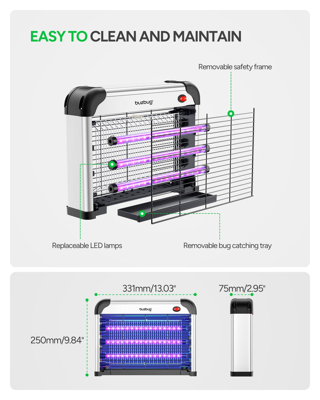 Buzbug LED Bug Zapper Indoor, 3 Efficient 50000H LED Bulbs, Energy Saving & Dual Band Attraction, High-Voltage Electric Mosquito Zapper, Fly Trap Mosquito Trap, Fly Killer Fly Zapper -MA009