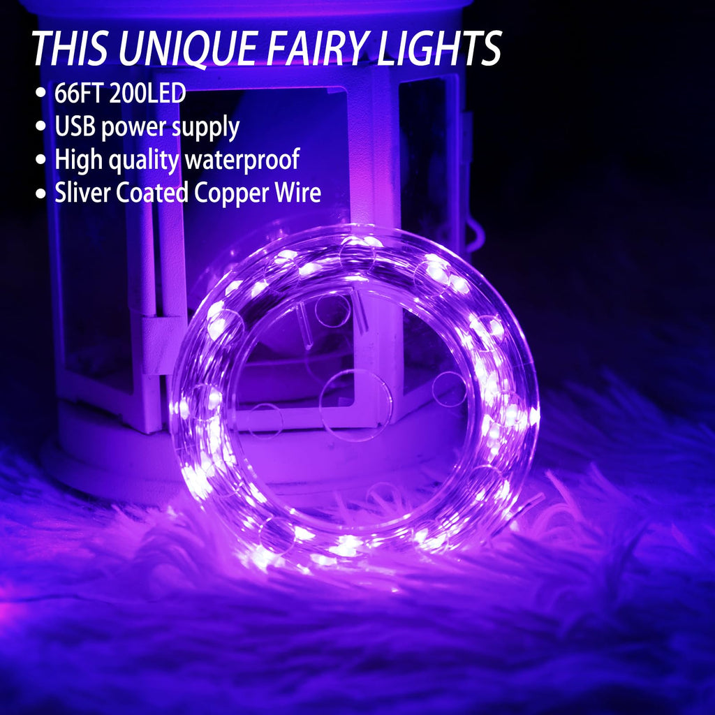 Fairy Lights 66 ft 200 LED USB Twinkle String Lights Plug in Silver Wire Lights with Remote and Timer 8 Modes Outdoor Waterproof Starry Lights DIY Party Wedding Christmas Decoration（Purple）