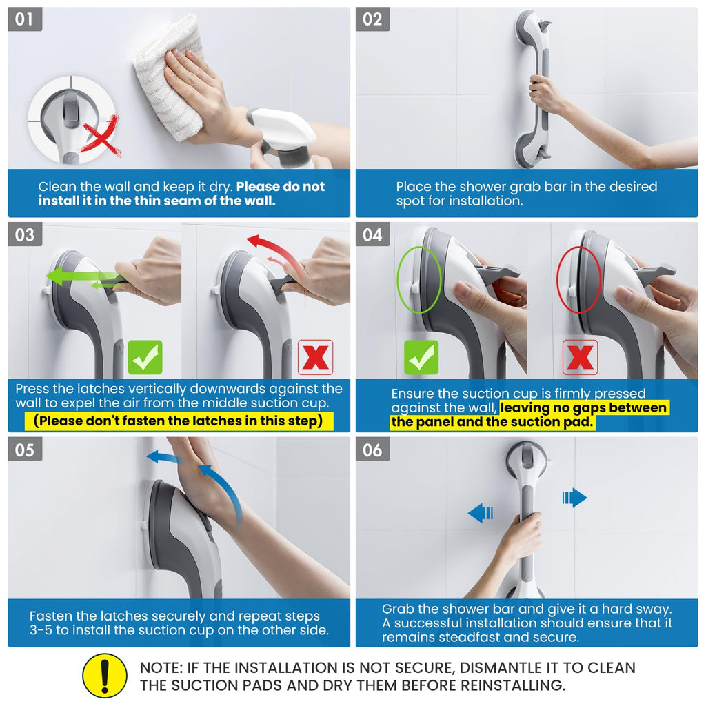 LEVERLOC Grab Bars for Bathtubs and Showers, 17inch Handicap Grab Bars with Two Suction Cups, Easy to Install & Remove Bathroom Shower Grab Bar for Seniors, Suction Shower Handle for The Elderly, Gray