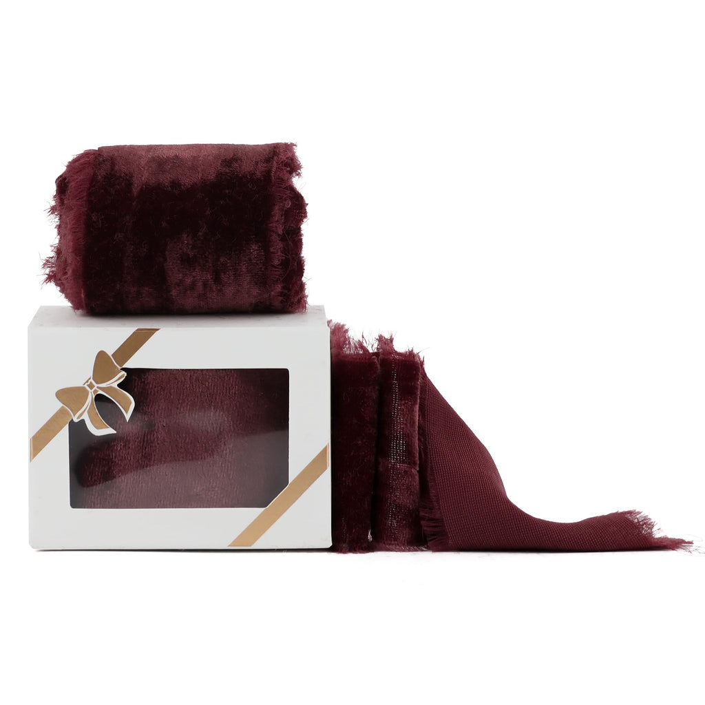 HUIHUANG Burgundy Velvet Ribbon 2 inch Frayed Silk Velvet Fringe Ribbon for Flower Bouquet, Gift Wrapping, Invitations, Holiday Christmas Decor, Wedding Bridal Shower Decor-3 Yards