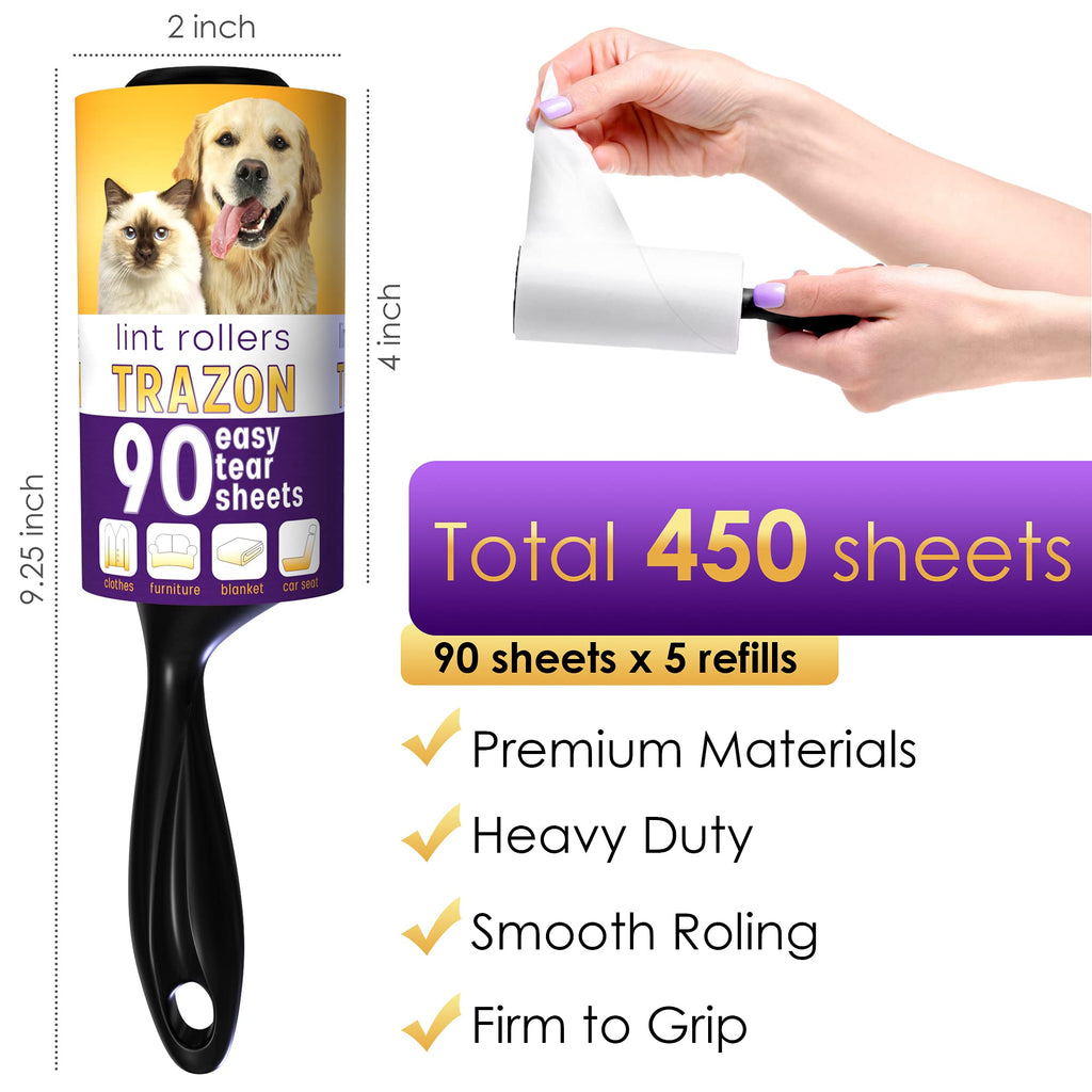 Lint Rollers Pet Hair Value Pack of 450 Sheets / 5 Refills, Sticky Roller Pet Hair, Lint Remover Dog Hair, Cat Hair, Fuzz, Animal Fur, Large Lint Removal Roller Clothe, Couch, Furniture. Stick Roller