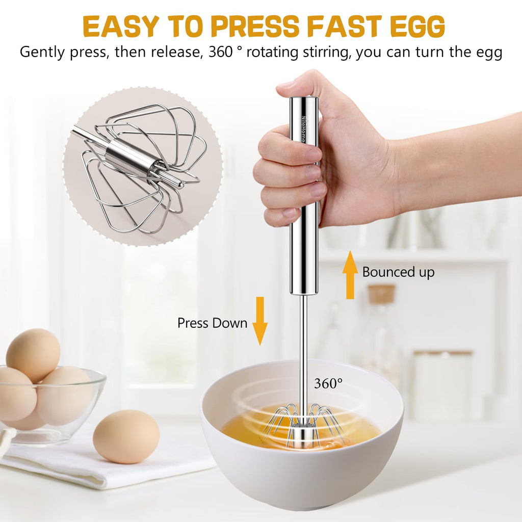 NileHome Stainless Steel Whisk 8" Hand Blender + 10" Semi-Automatic Rotary Kitchen Whisk Kitchen Wisk Wire Whisks for Cooking, Whisking, Blending, Beating, Stirring- 2 Pack...