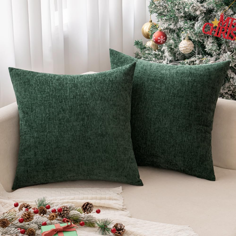 MIULEE Pack of 2 Christmas Green Throw Pillow Covers 20x20 Inch Soft Chenille Pillow Covers for Sofa Living Room Couch Solid Dyed Cases