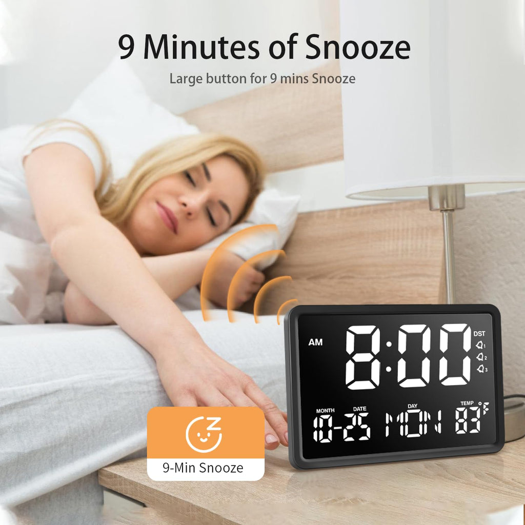 JALL 10.5" Digital Clock with Large Display, Calendar Day and Date, DST, Temperature, Dual Alarms, for Desk, Wall Mounted, Living Room, Bedroom, Gift for Elderly, Seniors, Dementia