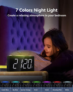 Digital Alarm Clock,7.5" Big LED Display & Full Dimmer,USB Cellphone Chargers,7-Color Night Light,Adjustable Volume,12/24 H,Plug-in Easy to Set Alarm Clock for Kids Elderly Bedside Desk Kitchen Office
