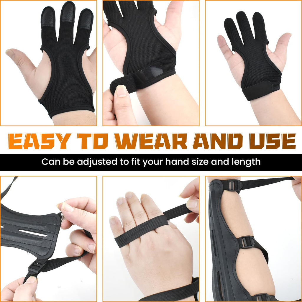 2 Pcs Archery Glove & Arm Guard Kit Leather PU Archery Bracer Three Finger Guard Protective Gear Accessories for Men Women & Youth