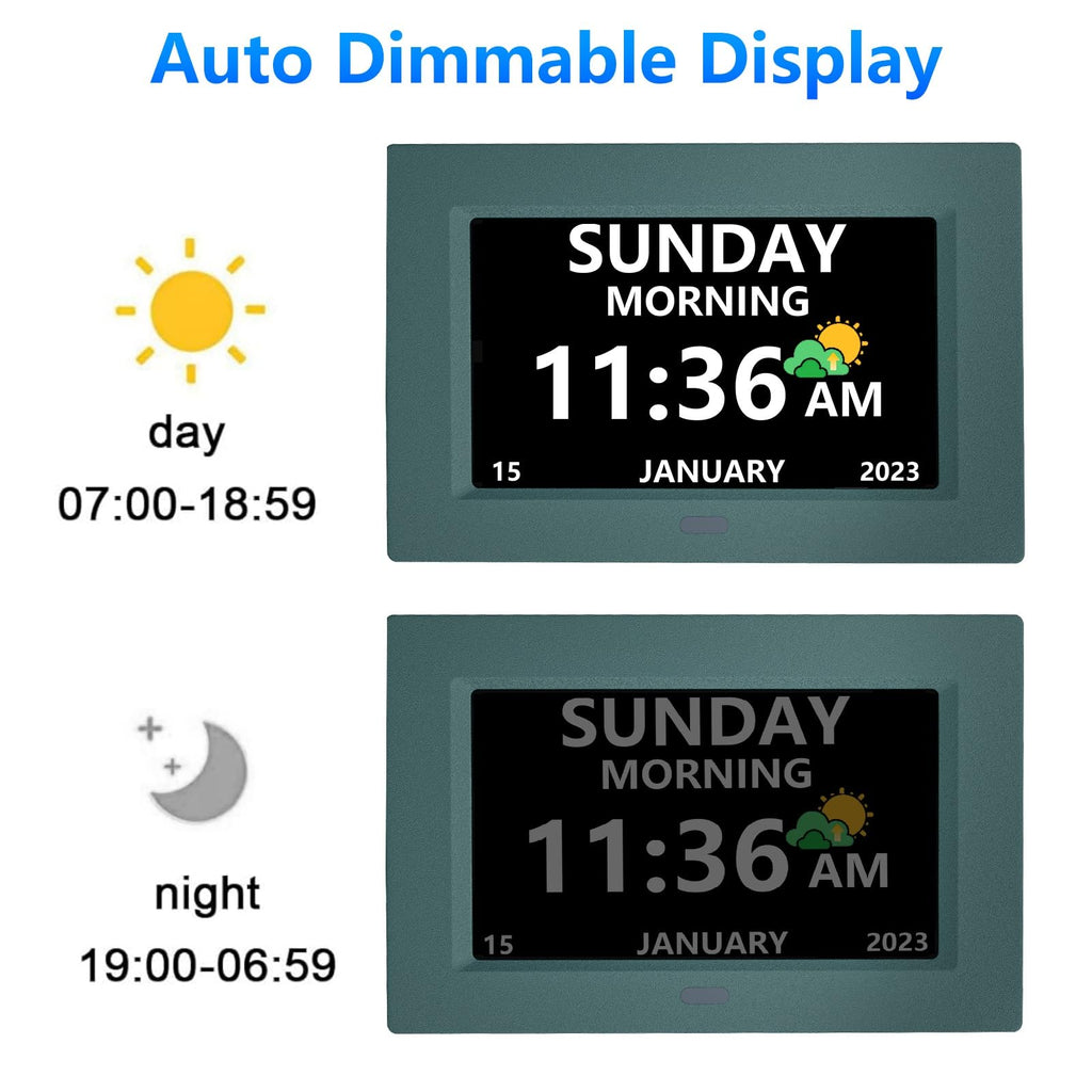 LXBYJKJ 7 Inch Digital Clock with Day and Date for Elderly Alzheimer's Dementia Clock Customizable Alarms and Medicine Reminders 3 Display Modes Large Font Digital Alarm Clock for Seniors Green