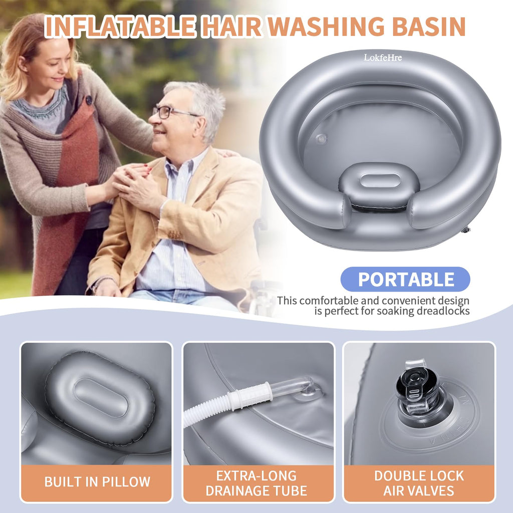 LOKFEHRE Large Portable Inflatable Hair Washing Basin for Bedridden - Wash Hair in Bed with Inflatable Shampoo Bowl.For Elderly,Disabled,Injured,Ideal Inflatable Sink for Locs Detox (Silvery)
